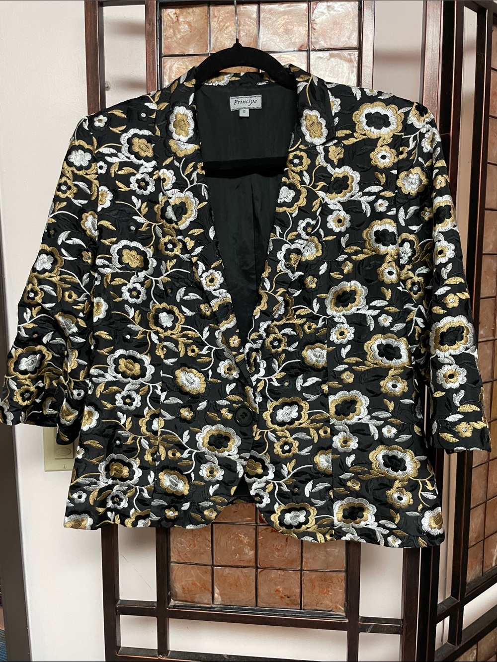 Princessa Black Quilted Floral Blazer with Gold & White Embroidery